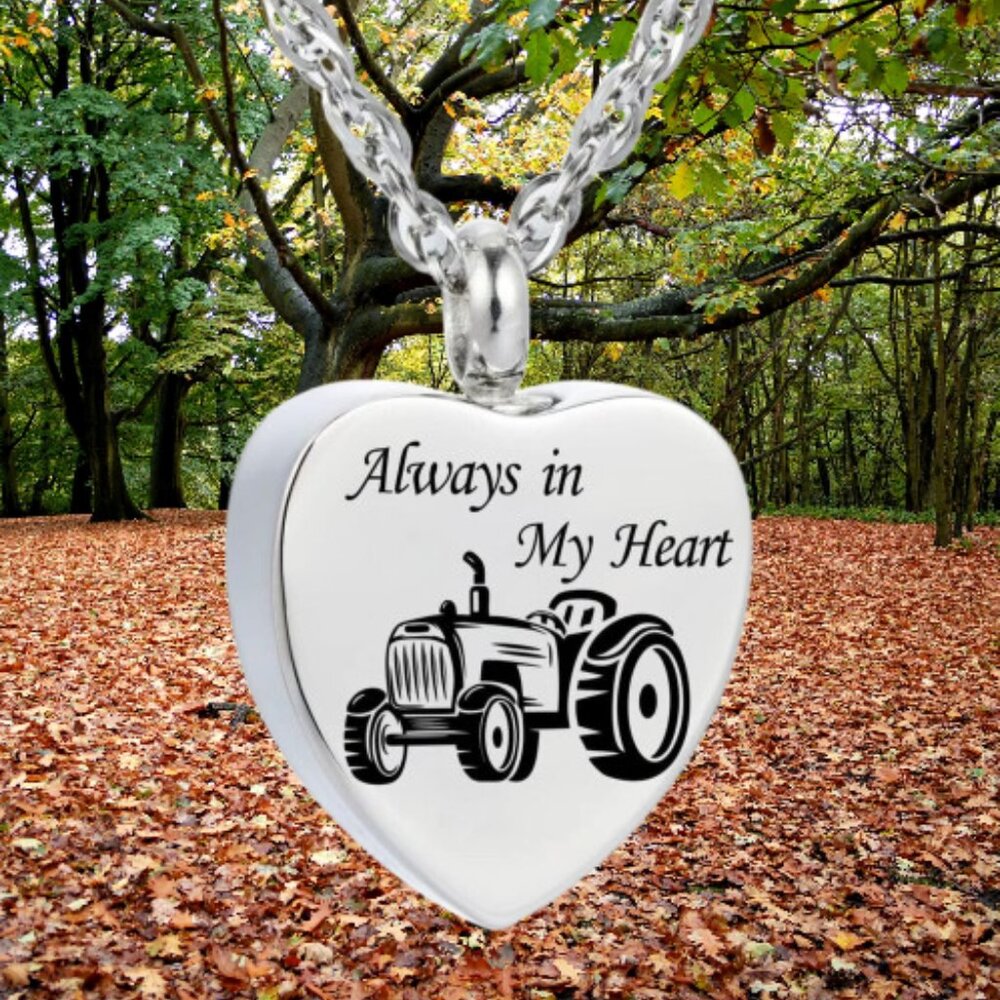 Laser Engraved Farm Tractor Cremation Urn Necklace "Always In My Heart"